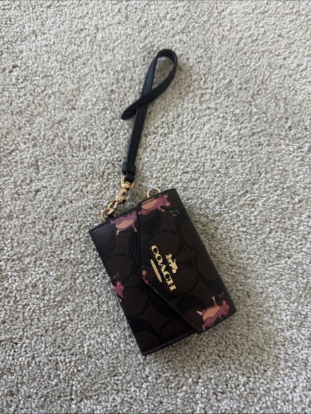 Coach Brown Signature Wristlet Card Case with Pink Floral Accents